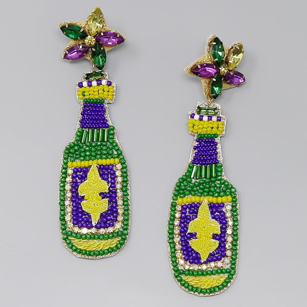 Mardi Gras Bottle Seed Bead Drop Earrings