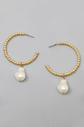 Pearl Charm Metal Ball Beaded Hoop Earrings - Gold Cream