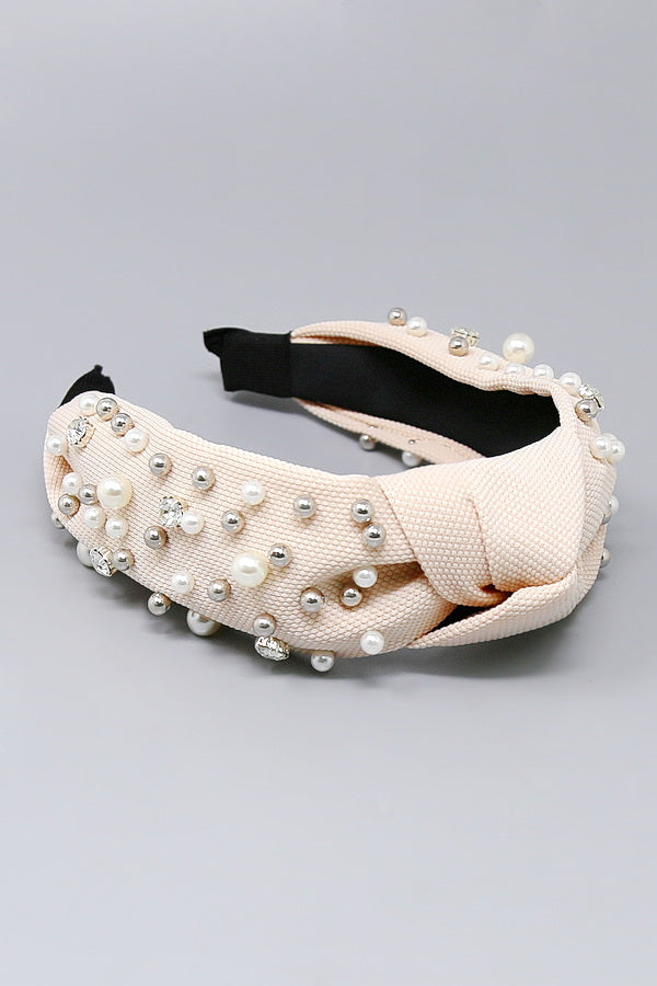 Lele Sadoughi. Pearl Embellished Tan Headband Lele Sadoughi | Accessories | Woven Tan Pearl Embellished  main image 3