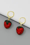 Strawberry Rhinestone Charm Huggie Hoop Earrings - Gold Red