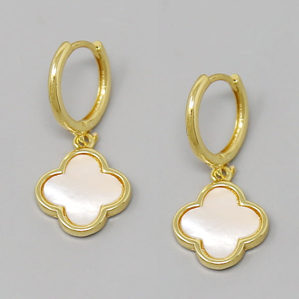 Mother of Pearl Clover Hoop Earrings- 18k Gold Plated with White Zirco –  Helen Georgio