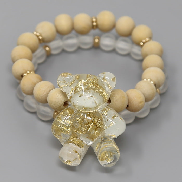 Foil Flake Teddy Bear Charm Beaded Stretch Bracelet Set